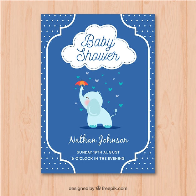 Baby shower invitation with elephant in hand drawn style