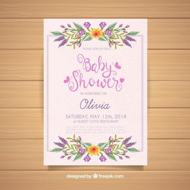 Baby shower invitation with flowers in watercolor style