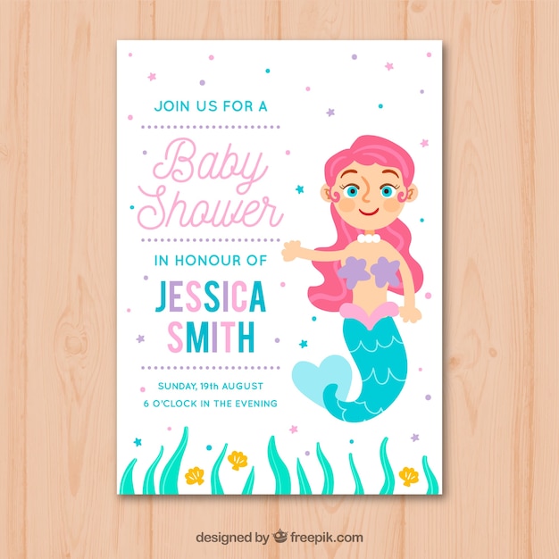 Vector baby shower invitation with mermaid in hand drawn style