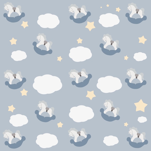 Baby shower.Poster,postcard,print,pattern for boys.Rocking horse,clouds,stars.Pastel color