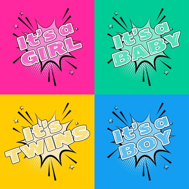 Baby shower poster set. Vector invitation in pop art style. Baby arrival and shower collection with