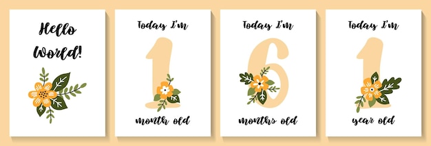 Vector baby shower print with cute flowers capturing all the special moments. baby milestone number cards