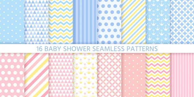 Baby shower seamless patterns for baby girl and boy.   illustration.