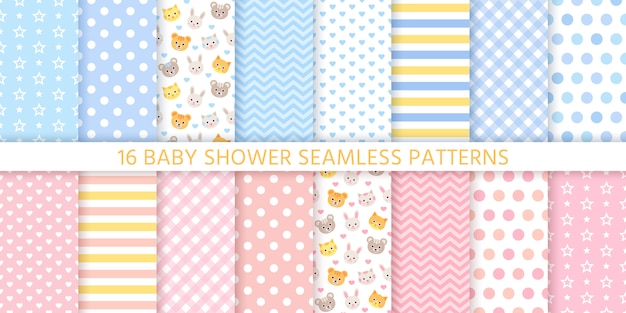 Baby shower seamless patterns for baby girl and boy.   illustration.