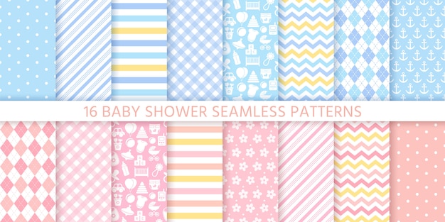 Baby shower seamless patterns for baby girl and boy.