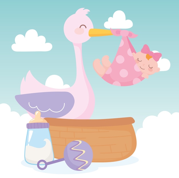 Baby shower, stork with little girl rattle and basket, celebration welcome newborn