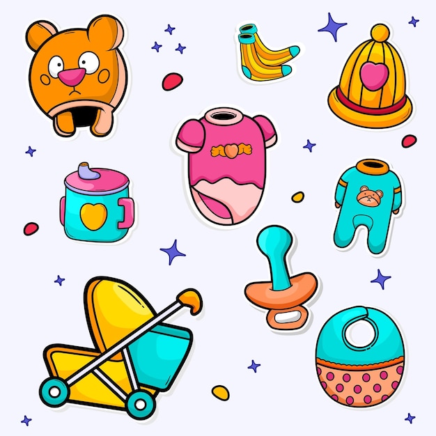 Baby shower and toys collection set hand draw style