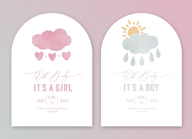 baby shower watercolor invitation Its a girl Its a boy card with pink and grey clouds sun and hearts