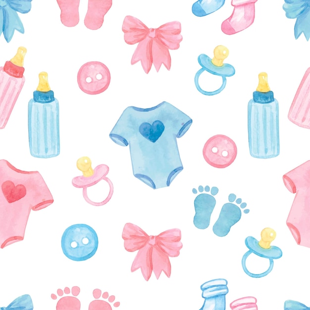 Baby shower watercolor seamless pattern Blue and pink toys and clothes Vector illustration