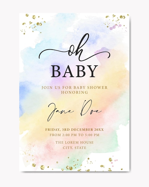 Vector baby shower with pastel rainbow watercolor background