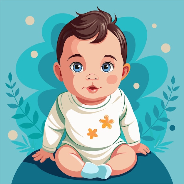 Vector a baby sits on a blue blanket with a blue background with a blue sky and clouds