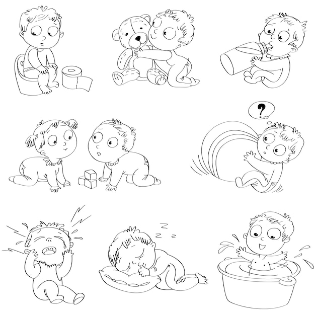 A baby sitting on the pot, drinks milk from a bottle, sleeps on a pillow, little boy playing with a little girl, playing with a big ball, hugging a teddy bear, wash in a bath tub, vector illustration