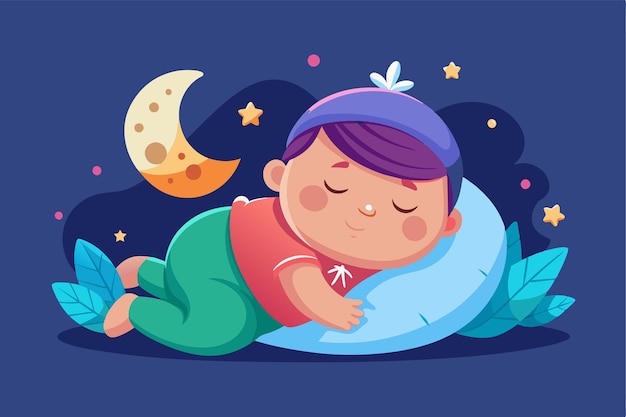 Vector a baby sleeps soundly on a soft pillow amidst a serene night filled with stars and a gentle moon sleeping baby customizable semi flat illustration