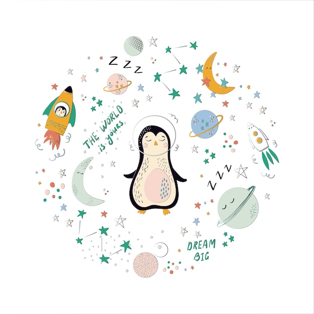 Baby space vector collection with rockets stars and planets