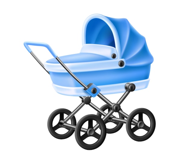 baby stroller. Realistic blue newborn baby carriage. Infant boy kid pram.