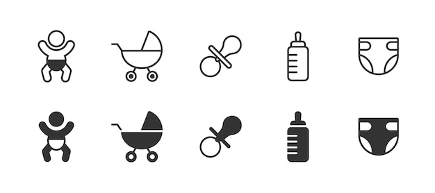 Baby symbol set Baby's attributes collection Stroller pacifier feeding bottle diaper Vector illustration