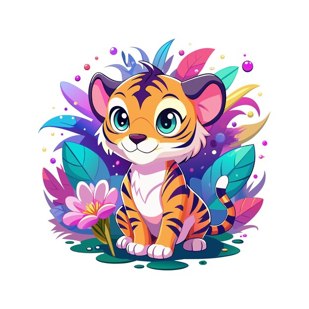 Vector baby tiger watercolor with floral splashes