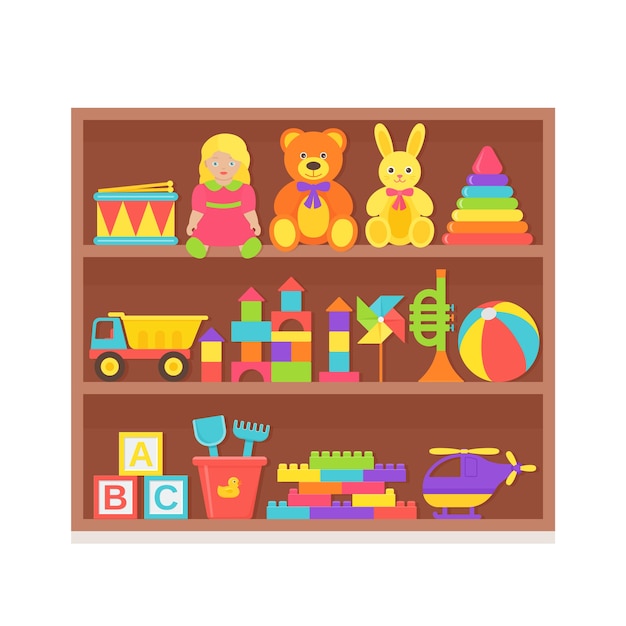 Baby toy on shelf. Set kids toys on wooden rack. Baby stuff isolated in flat design.