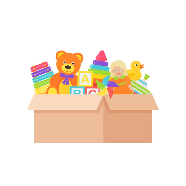 Baby toys in box. Colorful cartoon illustration.