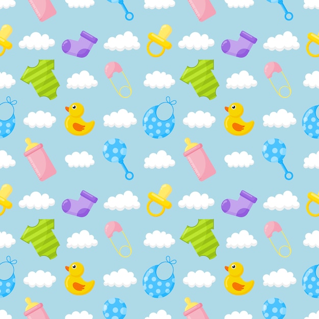 baby toys and clothes icons seamless pattern. newborn items on blue. 