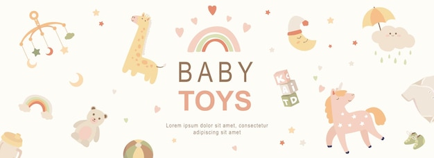 Baby toys horizontal web banner Kids rainbow bottle teddy bear crescent moon unicorn bodysuit and other newborn elements Vector illustration for header website cover templates in modern design