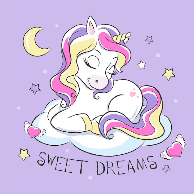 Baby unicorn sleeping on a cloud with moon and stars