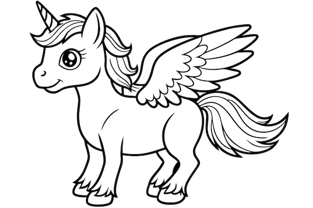 Baby unicorn with wings line art vector illustration