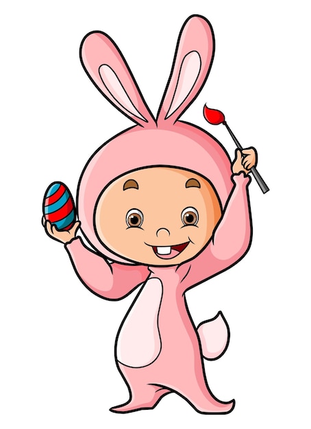 The baby with the rabbit costume is painting the easter egg of illustration