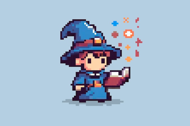 Vector baby wizard child pixel art 8 bit style illustration