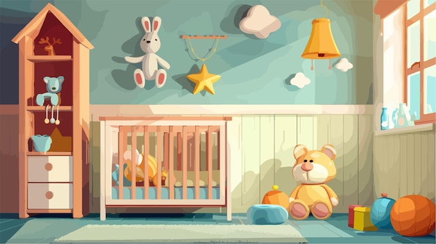 Vector a babys room with a blue wall and a stuffed bunny in the corner