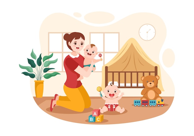 Babysitter or Nanny Services to Care for Baby Needs and Play with Children on Flat Illustration