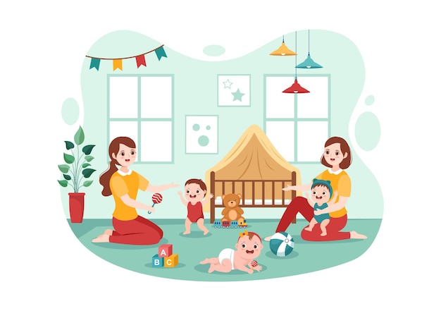 Vector babysitter or nanny services to care for baby needs and play with children on flat illustration