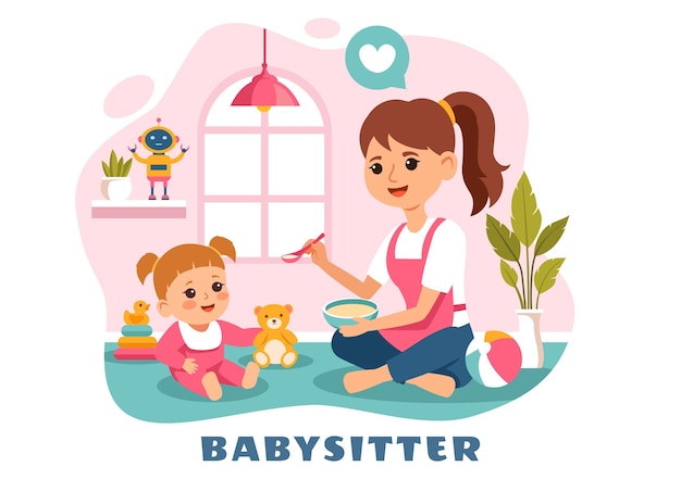 Vector babysitter or nanny services vector illustration for caring for babies providing for their needs and playing with baby in a flat cartoon background