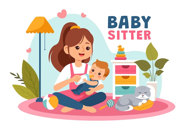 Vector babysitter or nanny services vector illustration for caring for babies providing for their needs and playing with baby in a flat cartoon background