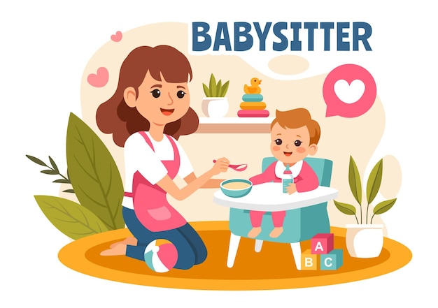 Vector babysitter or nanny services vector illustration for caring for babies providing for their needs and playing with baby in a flat cartoon background