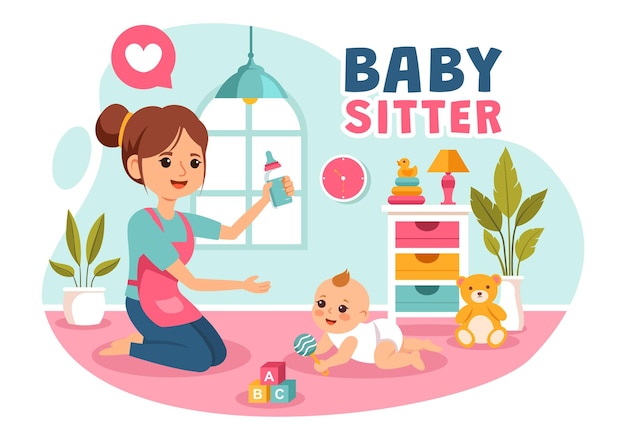 Vector babysitter or nanny services vector illustration for caring for babies providing for their needs and playing with baby in a flat cartoon background