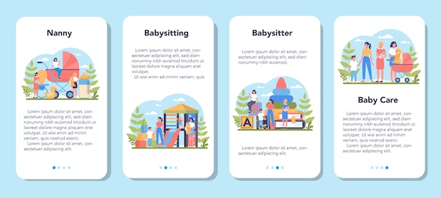 Babysitter service or nanny agency mobile application banner set. In-home babysitter. Woman taking care of baby, playing with child. Isolated vector illustration