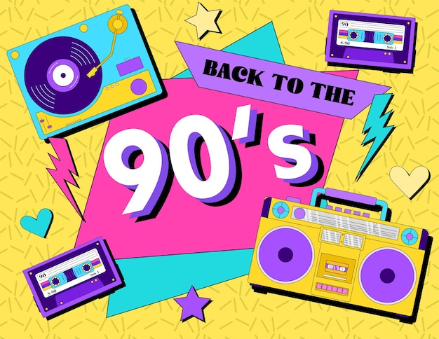 Back in to 90's. Forever young. The 90's style label. Let's go retro party 90's. Vector illustration