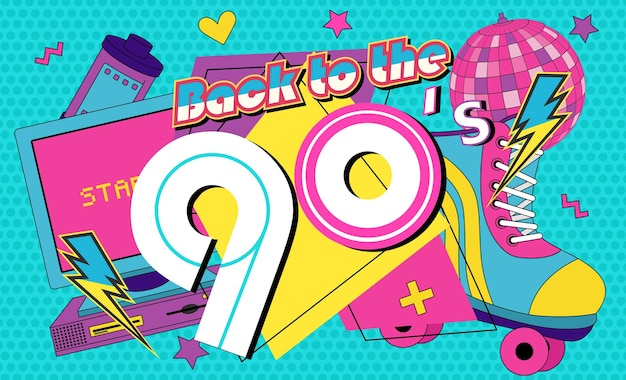 Back in to 90s Forever young The 90s style label Lets go retro party 90s Vector illustration