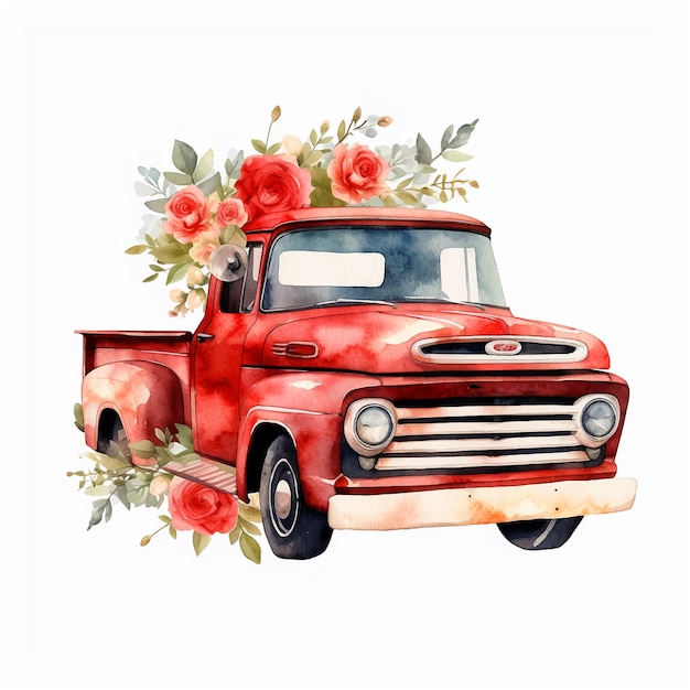 Back of a pickup truck filled with roses watercolor painted vector