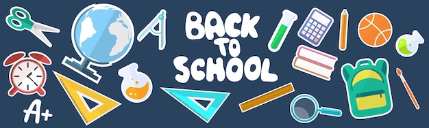 Back to school abstract background concept stickers flat icons Panorama Vector illustration