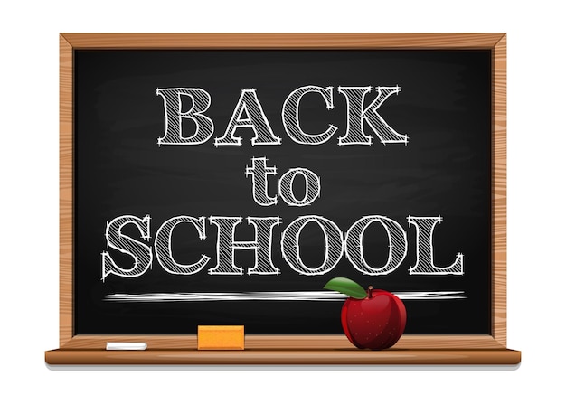 Back to school background. Chalk on a blackboard - Back to school. Black chalkboard. Red apple on a blackboard background. Vector illustration