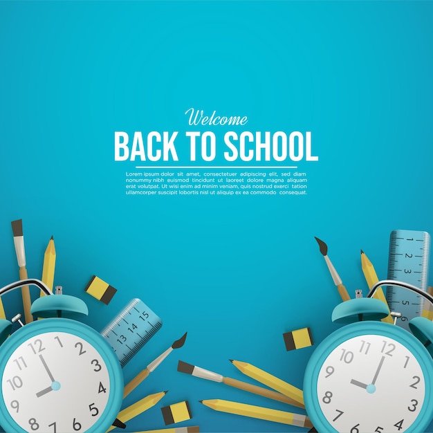 Back to school background with 3d clock illustration and stationery