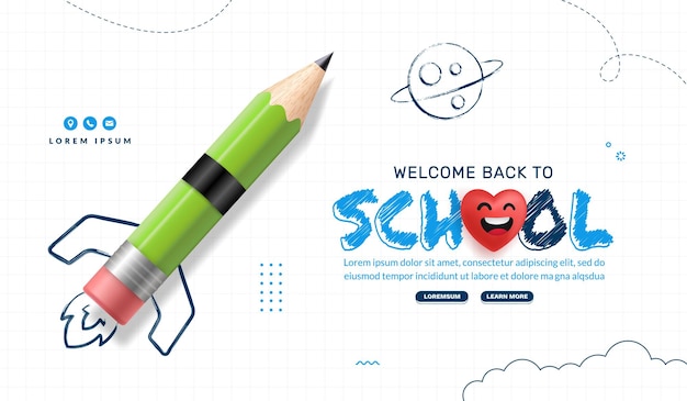 Back to School background with Green pencil rocket launching to space, Online learning concept