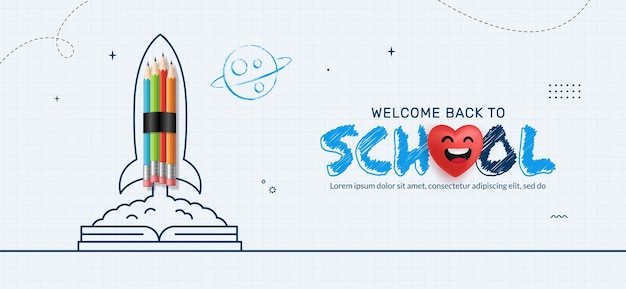 Back to School background with Pencil rocket launching from Notebook, Online learning concept