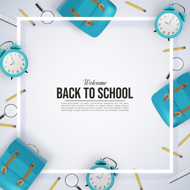 Back to school background with three bags and realistic clock