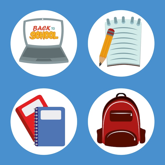 Back to school, backpack laptop paper pencil and notebooks elementary education icons illustration