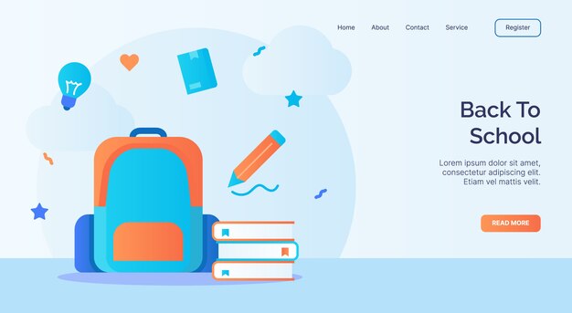 Back to school backpack pencil book icon campaign for web website home homepage landing template banner with cartoon flat style.