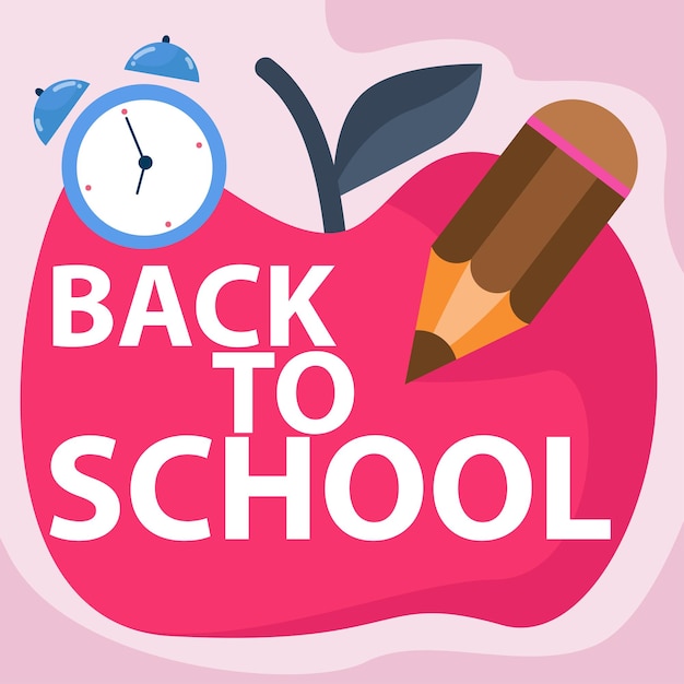 Back to school banner design with letters, apple, pencil and alarm clock. Realistic vector