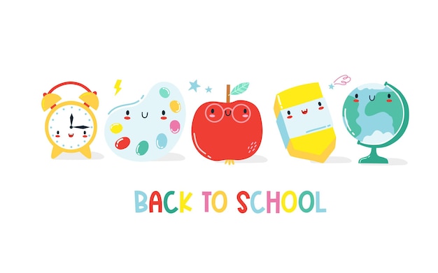 Back to school banner Frame from cute kawaii school supplies Happy vector cartoon character for kids